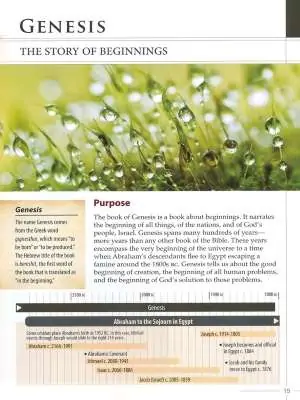 A sample page index explaining one book of the 66 books of the Bible with a greenery covered in dew Bible Overview header.