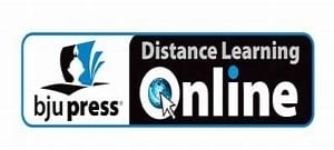 A white ad banner stating BJU Press Distance Learning Online in black letters.