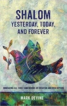 Light yellow, blue, green book cover depicts a dove flying with a small twig in it's beak and background words stating Shalom Yesterday, Today, and Forever.