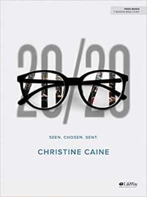 Book cover with a picture of reading glasses stating the title 20/20 Seen. Chosen. Sent in black text on light gray background.