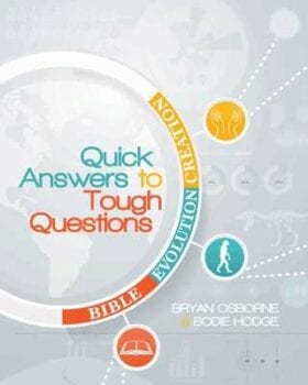 A beautiful white and silver book cover with individual red, yellow and blue icons showing Bible, Evolution, and Creation stating in red and blue letters Quick Answers To Tough Questions.