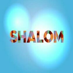 Shalom written in multicolor on light blue and white background.