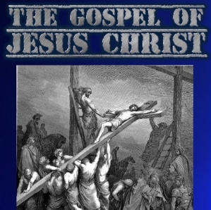 Jesus nailed to the Cross and persons standing Cross upward, signifying The Gospel of Jesus Christ.
