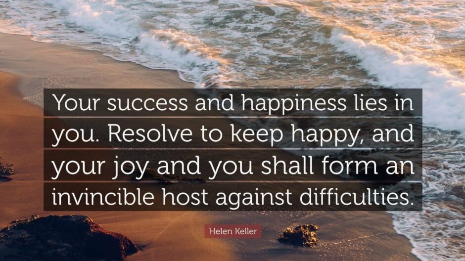 A beach scene with ocean water coming on the beach with a quote stating in white letters Your success and happiness lies in you.