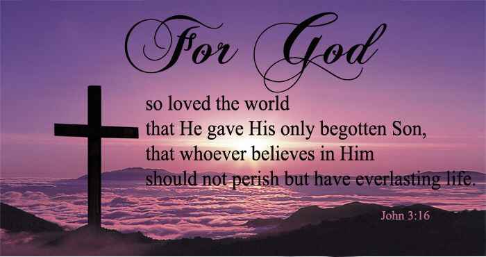 A Cross standing on the shore with a beautiful sunset background with black letters stating John 3;16 God so love the world.