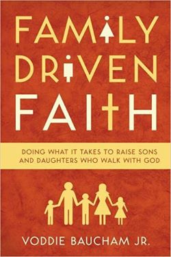 Red book cover with yellow letters stating Family Driven Faith.