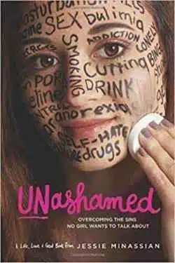 Teenage girl wiping words of sin such as bulimia, sex, smoking, drugs, etc off her face and overcoming the Deep-Rooted Sins No Girl Wants to Talk About. Christine Caine Unashamed.