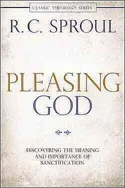 White book cover stating Pleasing God with black and brown letters and at the top of book cover black letters stating author R.C. Sproul.