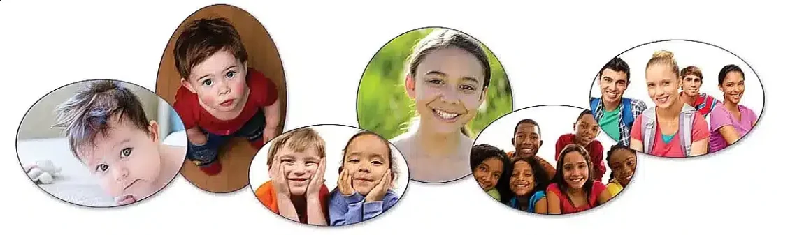 Picture of children of all ages from infant to adolescence. advertising Christianity Books.