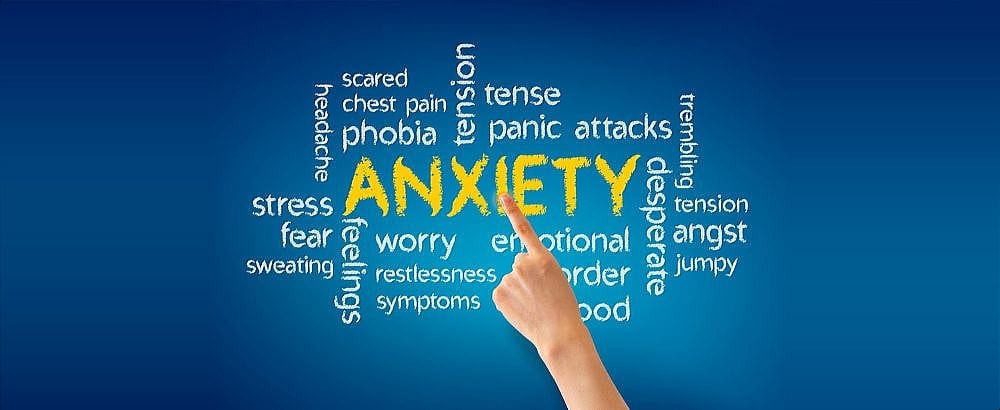 Christian Affirmations overcomes axniety, worry. Anxiety word cloud with finger pointing at the word Anxiety.