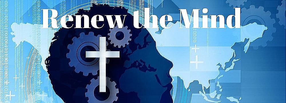 Renew the Mind: Silhouette of a head with gears, a cross, and a world map. Christian Affirmations.