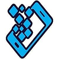 A stylized, blue smartphone icon composed of digital cubes, representing data or technology.