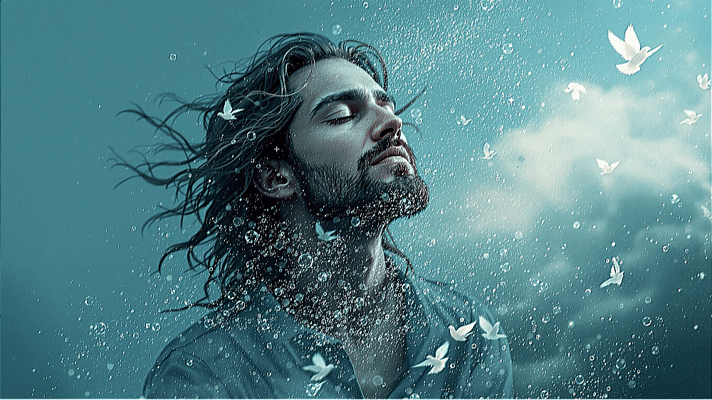 Serene man with long hair, surrounded by peaceful doves and water droplets, experiencing spiritual peace and emotional restoration.