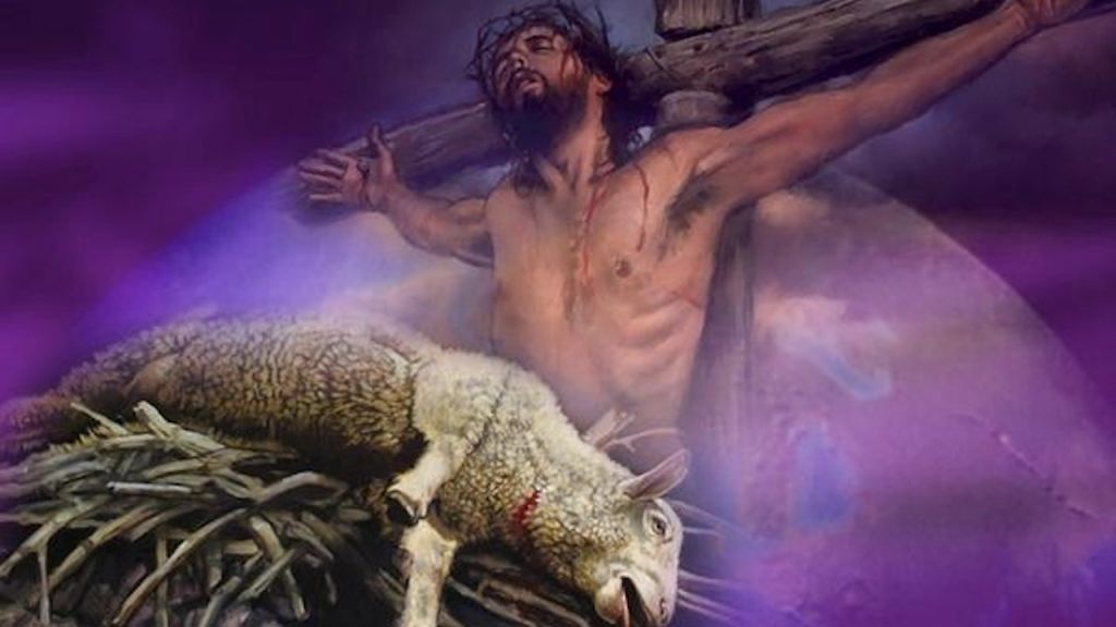 Jesus Sacrifice: Jesus on the cross with a sacrificial lamb lying below.