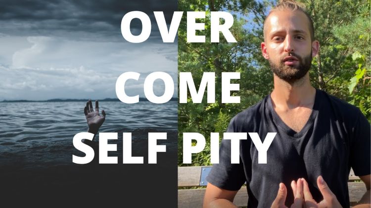 Split image: left side shows a person's hand reaching out of dark, stormy water; right side shows a man speaking, with text overlay "OVERCOME SELF PITY".