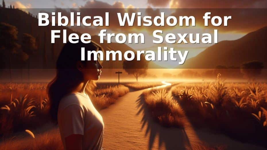 A woman stands on a path in a golden field at sunset, with the text "Biblical Wisdom for Flee from Sexual Immorality" overlaid on the image.