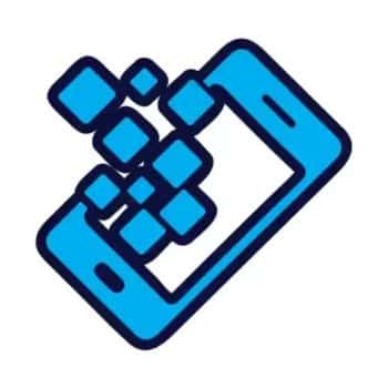Abstract blue digital art of a smartphone screen dissolving into pixelated squares, symbolizing digital transformation or data loss.