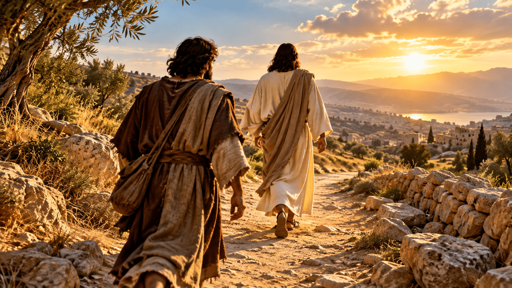 Two men in ancient robes walk on a dirt path towards a sun-drenched landscape with a lake and distant mountains, evoking a spiritual journey.