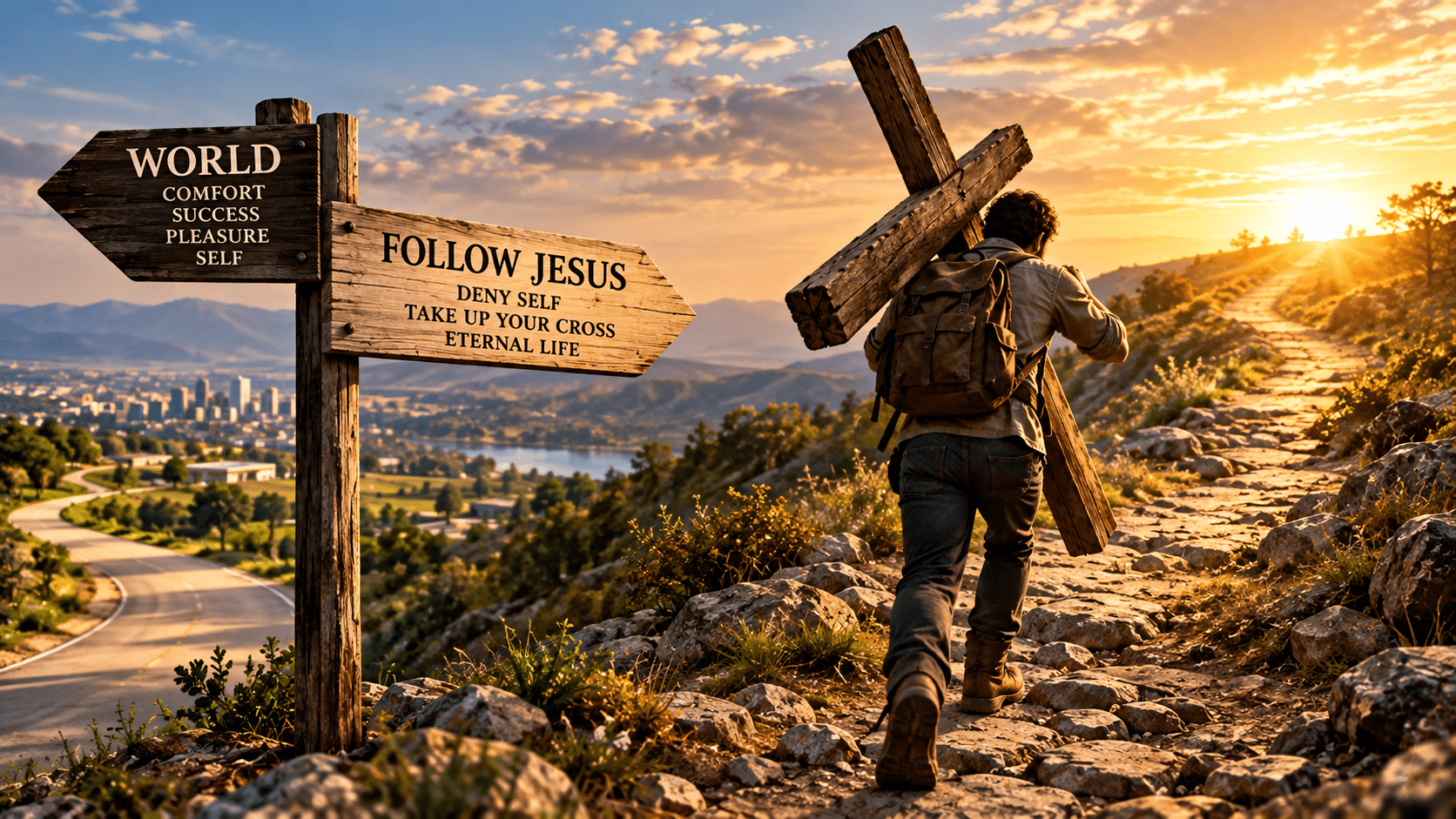 Christian carrying a cross on the path of following Jesus