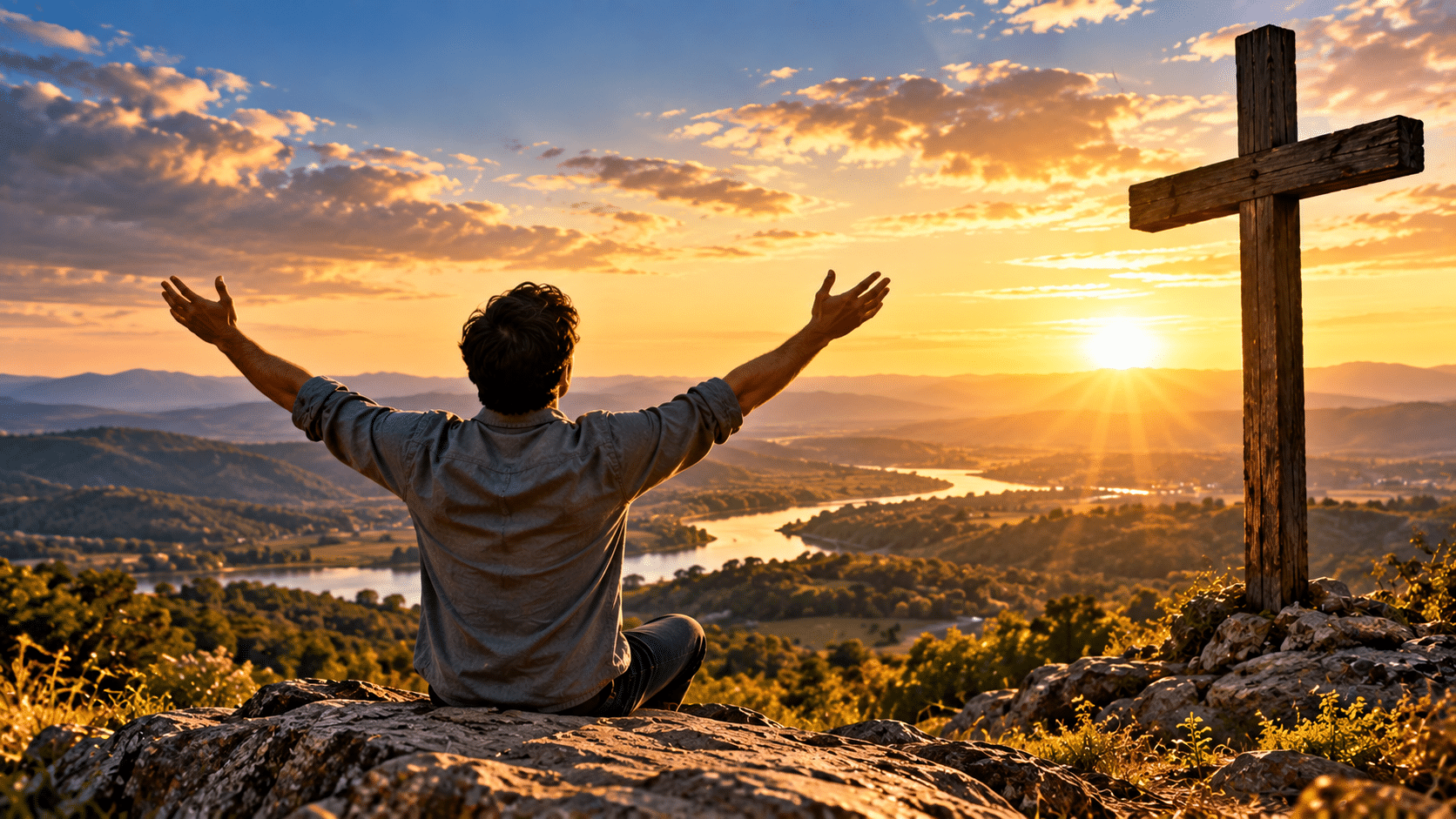 Christian worshiping beside the cross and choosing to follow Jesus