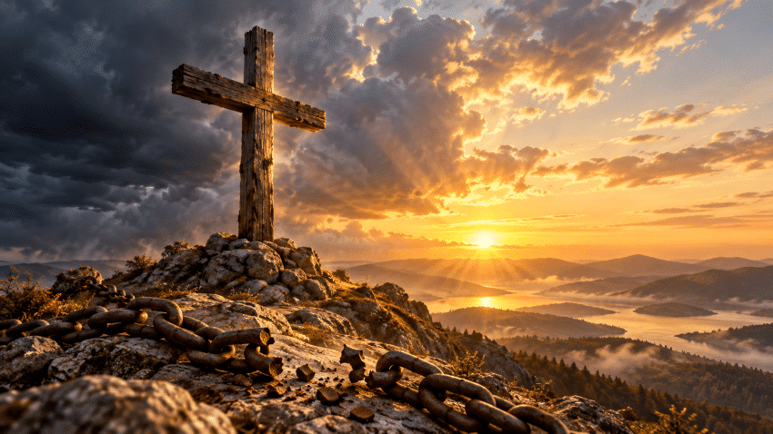 Wooden cross above a broken chain beneath clearing storm clouds