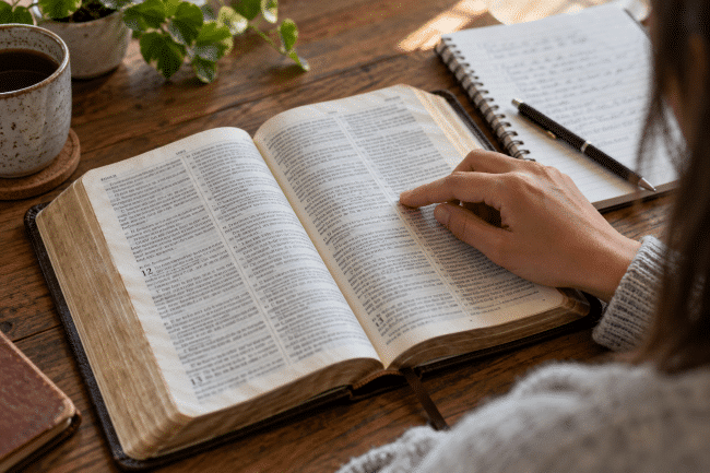 A person's hands are shown as they read an open Bible, with a notebook and pen to the side, suggesting biblical exegesis study.
