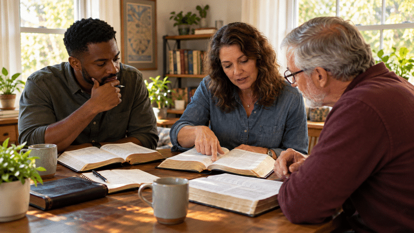 Three people of diverse ages and ethnicities study open Bibles around a wooden table learning about What is exegesis?