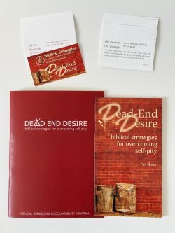 Top-down view of "Dead-End Desire: Biblical Strategies for Overcoming Self-Pity" materials: a red journal, a book with a brick background, and two sets of scripture cards.