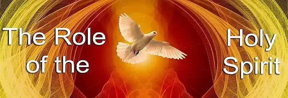 A white dove in flight against a vibrant orange and yellow background, symbolizing the holy spirit. The image represents the role of the holy spirit in religious or spiritual contexts.