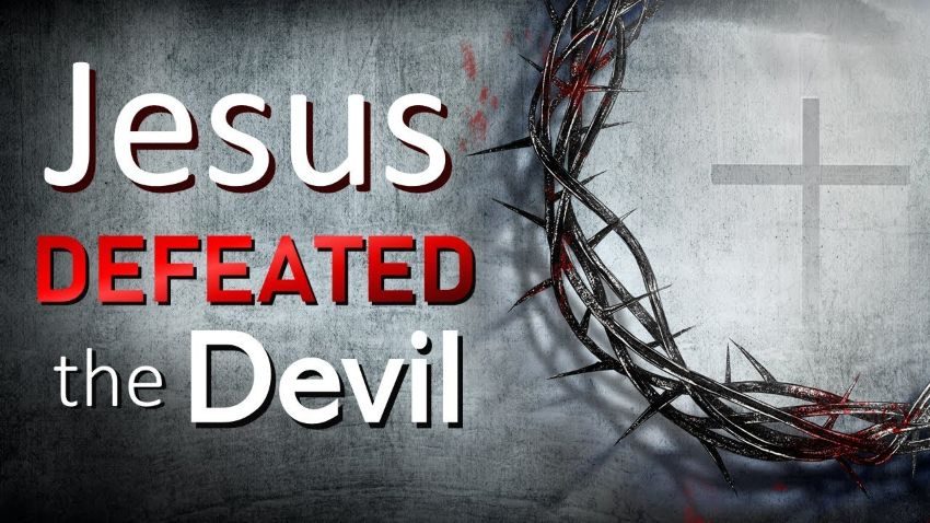 Jesus Defeated the Devil graphic with crown of thorns and cross in background.