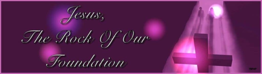 Glowing cross and figures in a serene setting with "Jesus, the Rock of our Foundation" ensures family Christian happiness matters deeply.