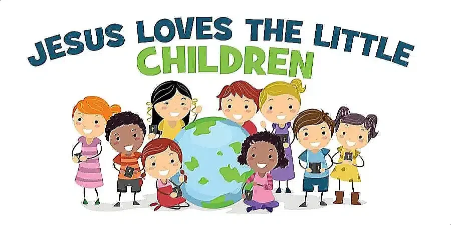 Cartoon illustration of diverse children gathered around a globe with the phrase "Jesus Loves the Little Children" above, emphasizing the power of words.