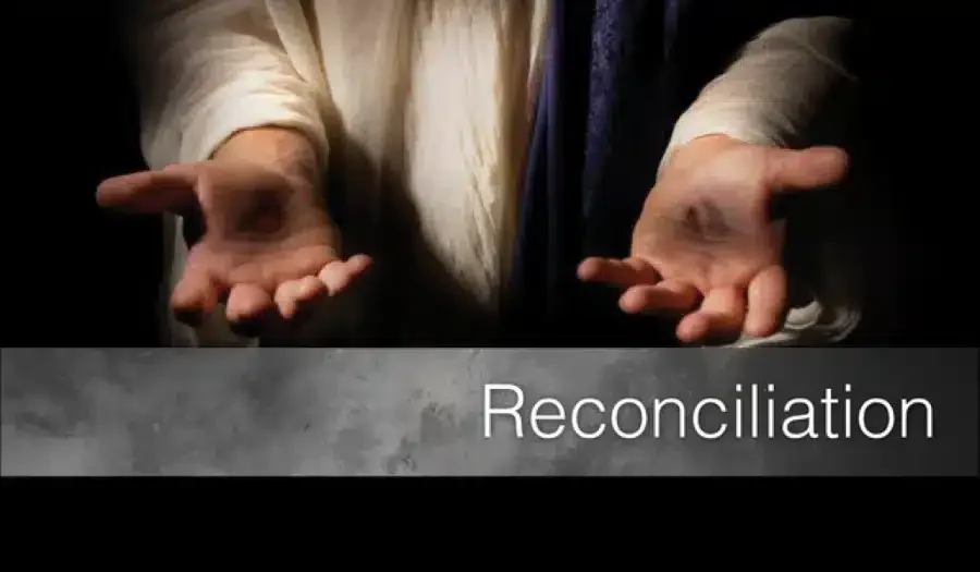 A pair of outstretched hands reaching forward against a dark background, symbolizing the theme of reconciliation. The word "Reconciliation" is displayed prominently at the bottom, reinforcing the concept of shalom meaning mending relationships, particularly in a spiritual context.