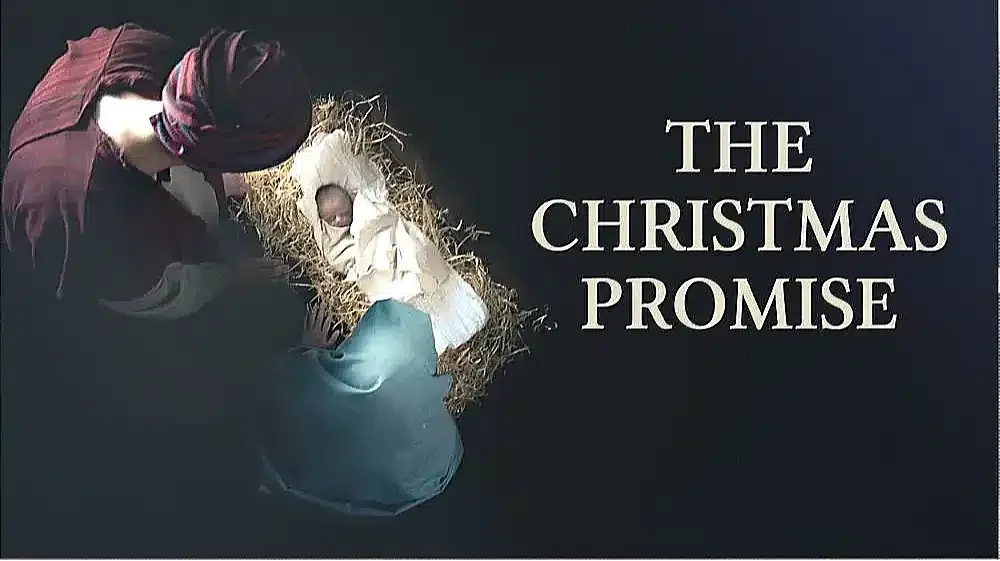 A nativity scene depicting Mary and Joseph with baby Jesus in a manger, alongside the text "The Christmas Promise," symbolizing Christmas and eternal peace.