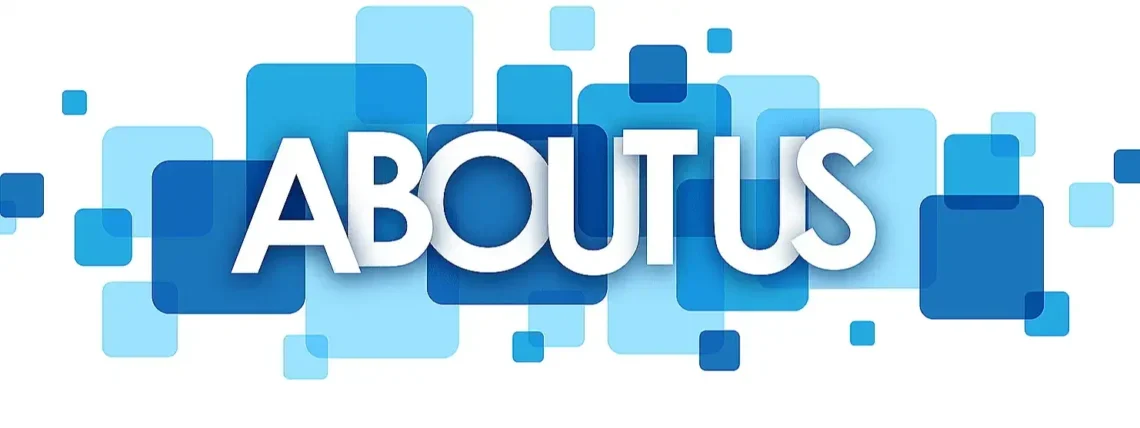 Large white letters stating About Us with light blue and darker blue squares for background colors introducing post About Us - Welcome