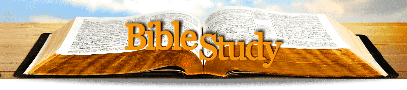Open Bible laying on picnic table with bright white and blue sky background stating Bible Study.