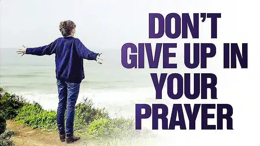 A person standing with arms outstretched along a coastal landscape, symbolizing hope and resilience, with text overlay emphasizing perseverance in intercessory prayer. Relevant to mental illness and faith-based support.