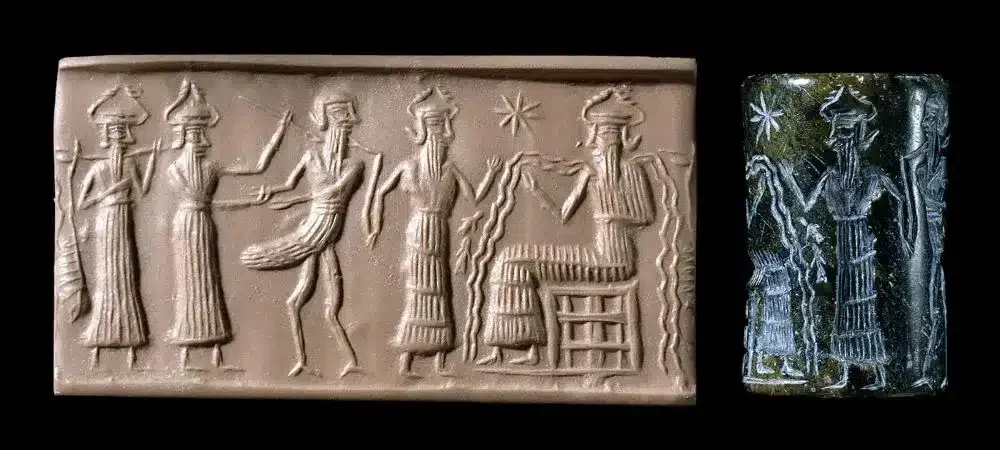 Ancient Mesopotamian cylinder seal depicting the god Enki-Ea, featuring detailed carvings of deities and symbols associated with Mesopotamian mythology.