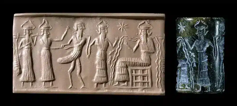 Ancient Mesopotamian cylinder seal depicting the god Enki-Ea, featuring detailed carvings of deities and symbols associated with Mesopotamian mythology.