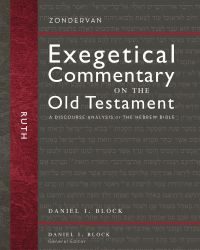 Cover of "Exegetical Commentary on the Old Testament: Ruth" by Daniel I. Block, featuring a textured dark background with Hebrew text and a red vertical stripe.