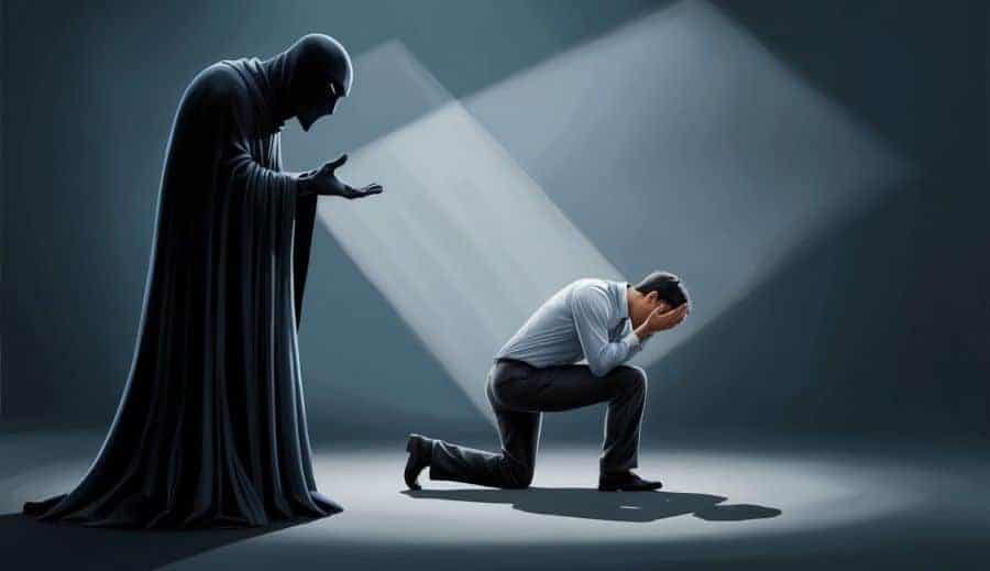 Dark figure looms over a man kneeling in despair, illustrating how sin finds people out today.