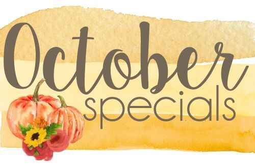 Tan and yellow large striped banner stating October Specials in black letters with 2 pumpkins in bottom left hand corner.