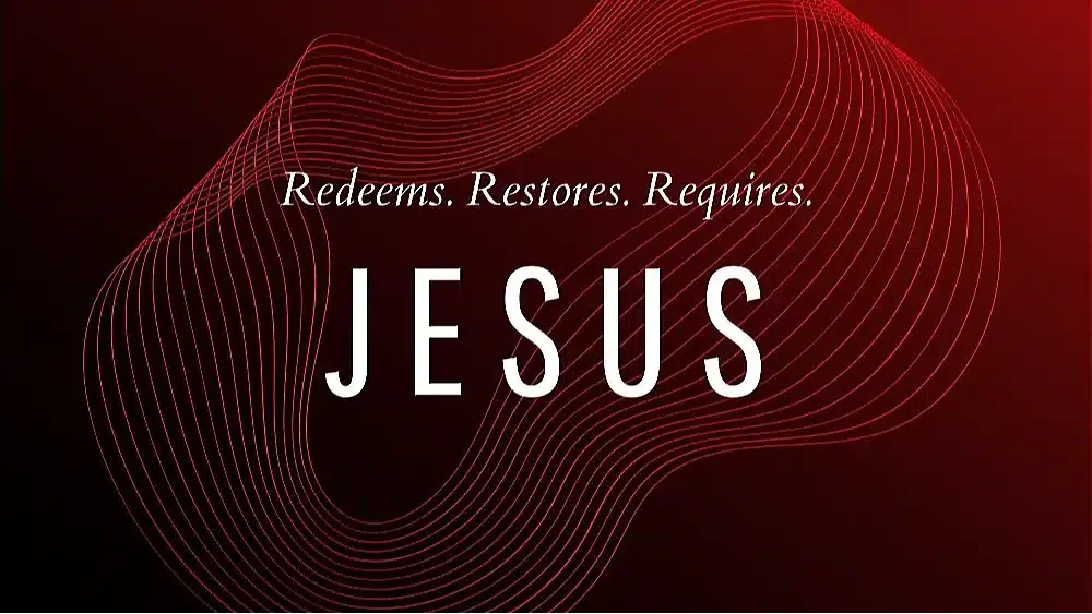 Abstract design featuring the words "Redeems. Restores. Requires. JESUS" on a dark red background, symbolizing themes of Christmas and eternal peace.