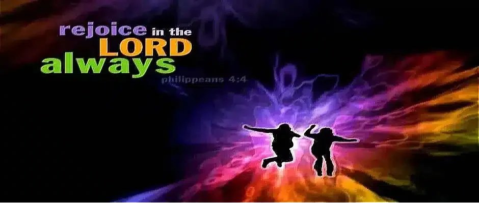 Image depicting the phrase "Rejoice in the Lord Always" from Philippians 4:4, with two silhouettes of people jumping joyfully against a vibrant, multicolored background.