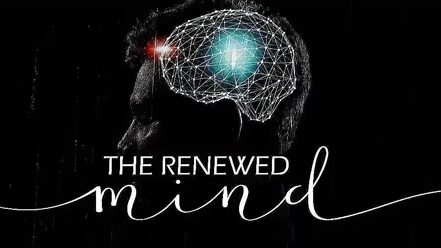 Silhouette of a person with a glowing neural network brain, accompanied by the text "The Renewed Mind," symbolizing God's Blessings and Prosperity.