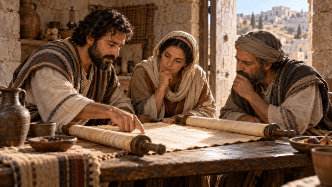 Three people in ancient Middle Eastern attire study a scroll on a wooden table, concern the Scripture Acts 17 11 in a biblical exegesis way, with a sunlit stone building and distant hills in the background. The man on the left points to the text, while the woman and the man on the right look on intently.
