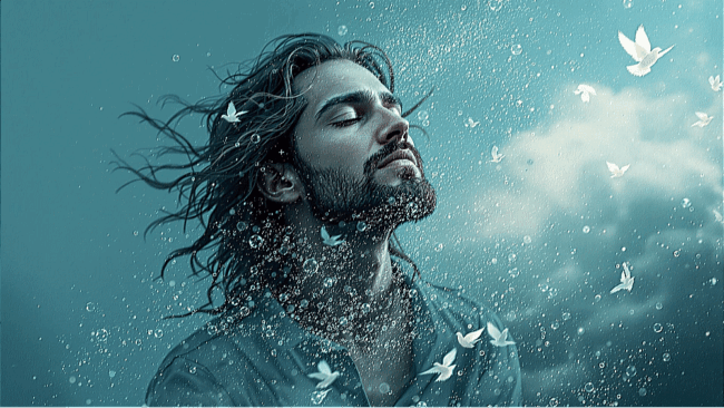 Serene man with long hair, surrounded by peaceful doves and water droplets, experiencing spiritual peace and emotional restoration.