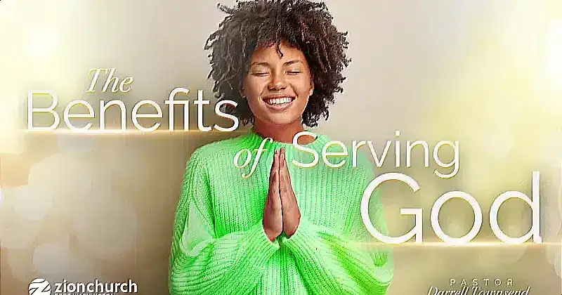 Spiritually uplifted woman in green sweater beams with peace signifying Benefits of Serving God.