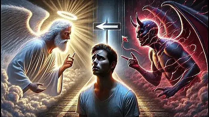 A person is shown contemplating as an angel and a devil argue over his shoulders, symbolizing the struggle between Godly sorrow and condemnation, and how to deal with guilt.