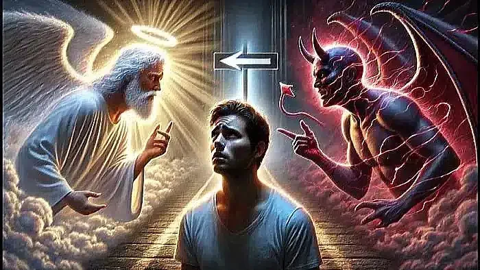 Man caught between angel representing Godly Sorrow and devil representing condemnation, dealing with guilt.